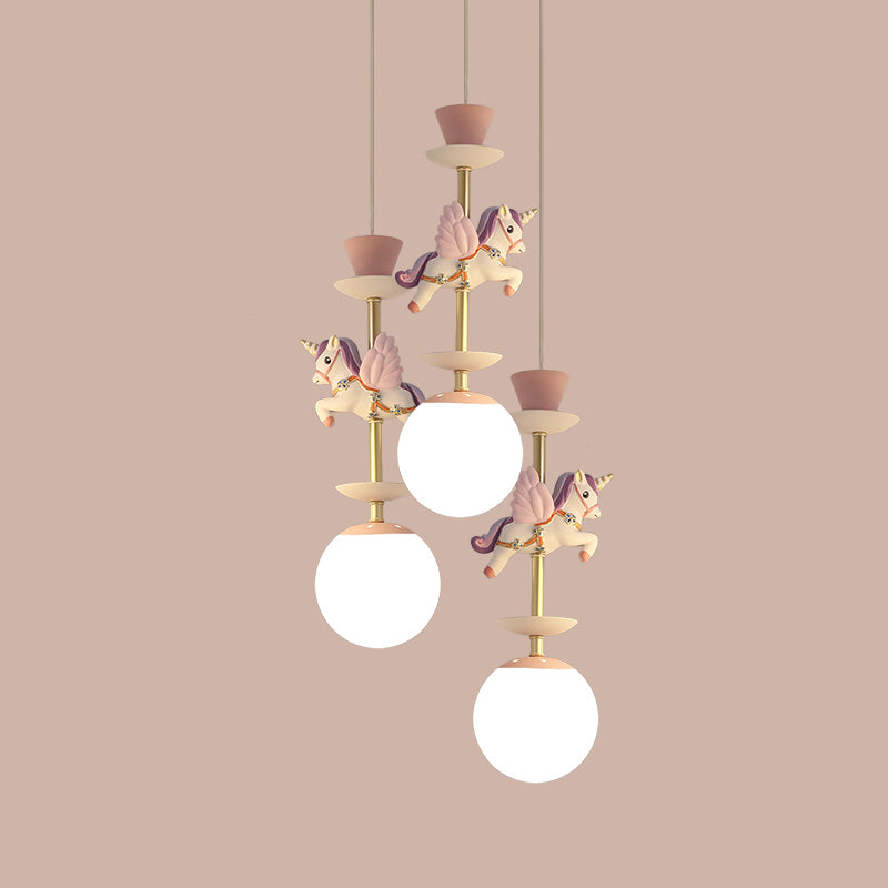 Cartoon Cluster Pendant: Globe Bedroom Ceiling Light In Pink/Blue - Glass 3/5 Heads