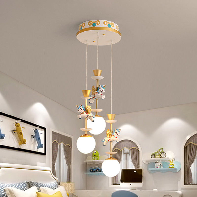 Cartoon Cluster Pendant: Globe Bedroom Ceiling Light In Pink/Blue - Glass 3/5 Heads