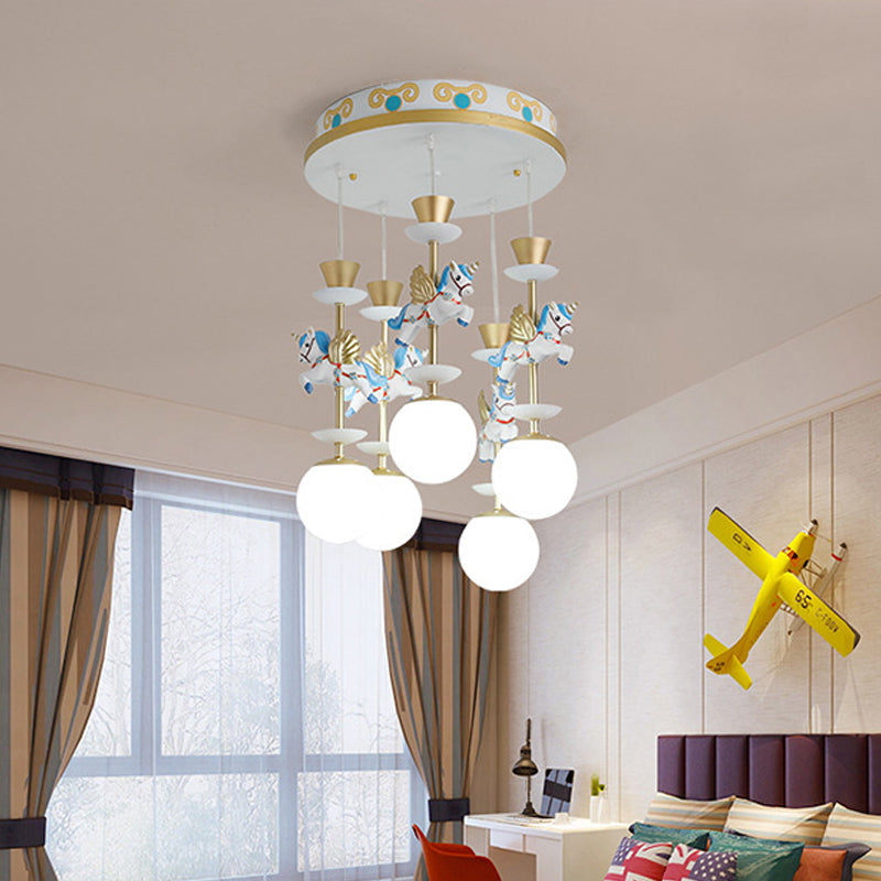 Cartoon Cluster Pendant: Globe Bedroom Ceiling Light In Pink/Blue - Glass 3/5 Heads