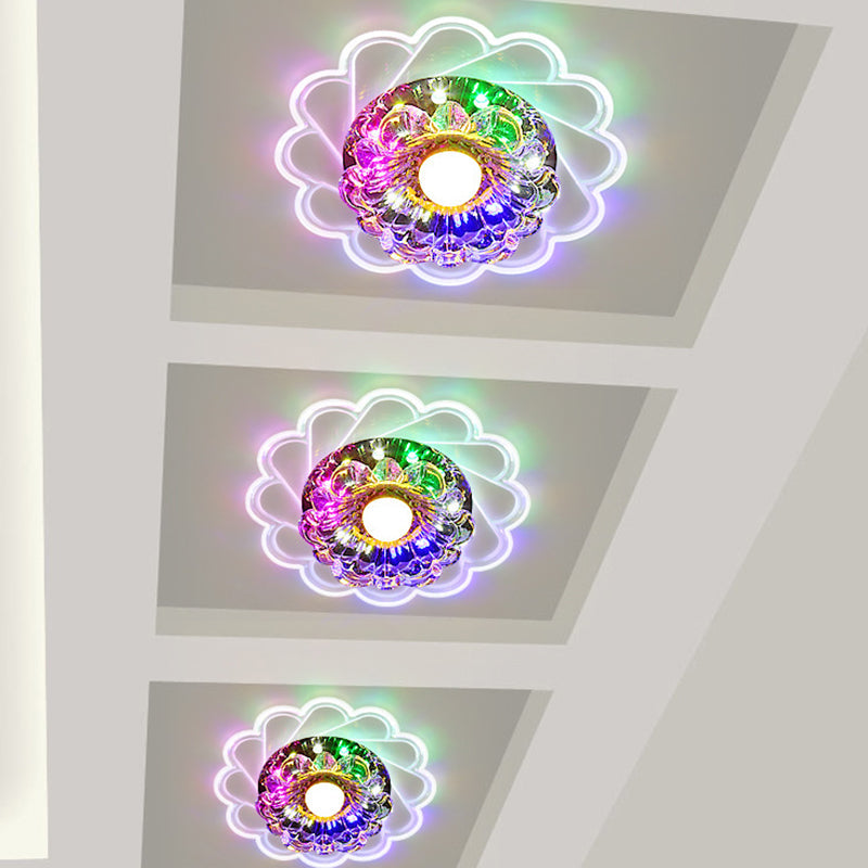 Clear Faceted Crystal LED Flush Mount Ceiling Light Fixture - Bedroom Lighting with Warm/Multi-Color Options