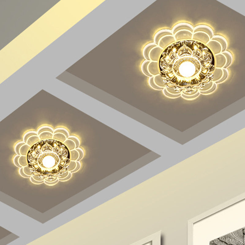 Modern LED Porch Ceiling Flush Mount Light Fixture with Clear Crystal Blossom Design + Ruffle Edge - Warm/Multi Color Light
