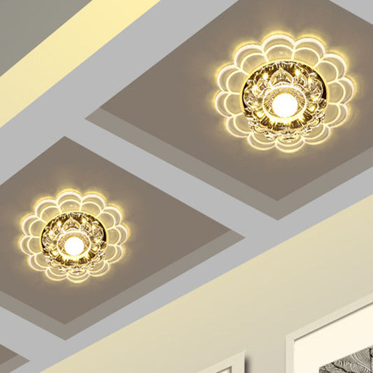 Modern LED Porch Ceiling Flush Mount Light Fixture with Clear Crystal Blossom Design + Ruffle Edge - Warm/Multi Color Light