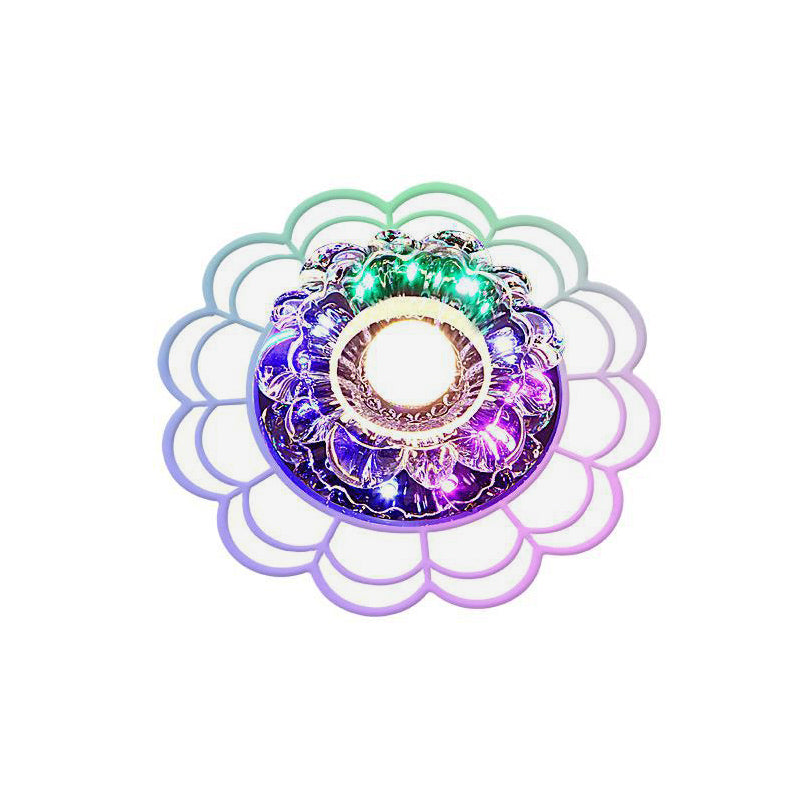 Modern LED Porch Ceiling Flush Mount Light Fixture with Clear Crystal Blossom Design + Ruffle Edge - Warm/Multi Color Light