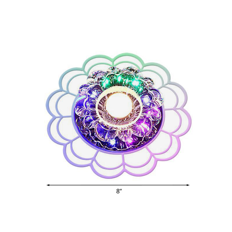Modern LED Porch Ceiling Flush Mount Light Fixture with Clear Crystal Blossom Design + Ruffle Edge - Warm/Multi Color Light