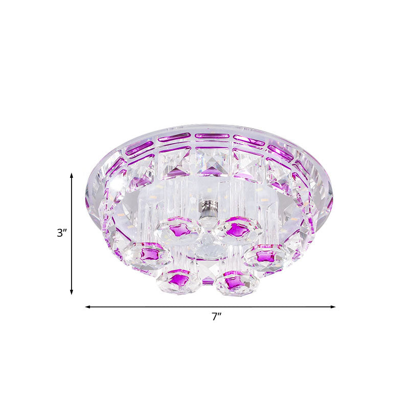 Minimal Flush Mount LED Ceiling Light Fixture for Hallway with Clear Prism Crystal and Purple Round Design