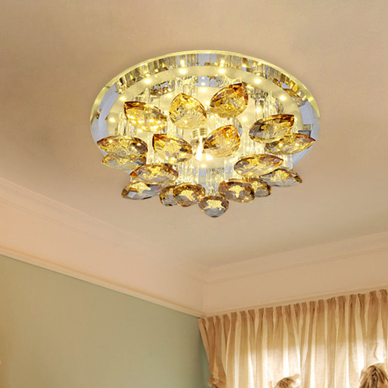 Amber Crystal Flush Mount Lamp - Teardrop LED Ceiling Fixture in Warm/White Light with Prism Column