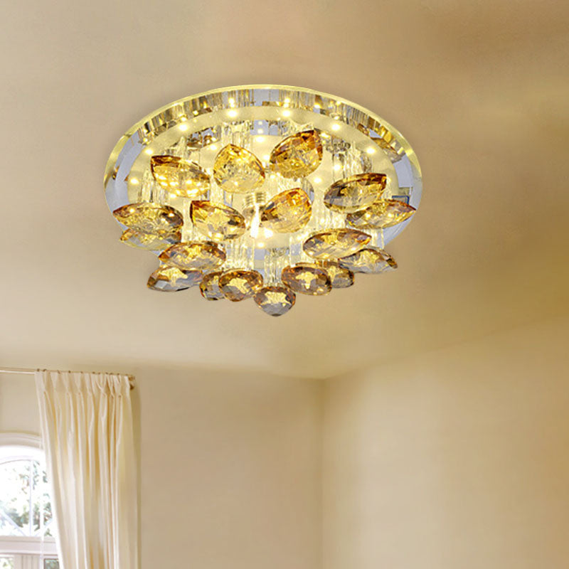 Amber Crystal Flush Mount Lamp - Teardrop LED Ceiling Fixture in Warm/White Light with Prism Column