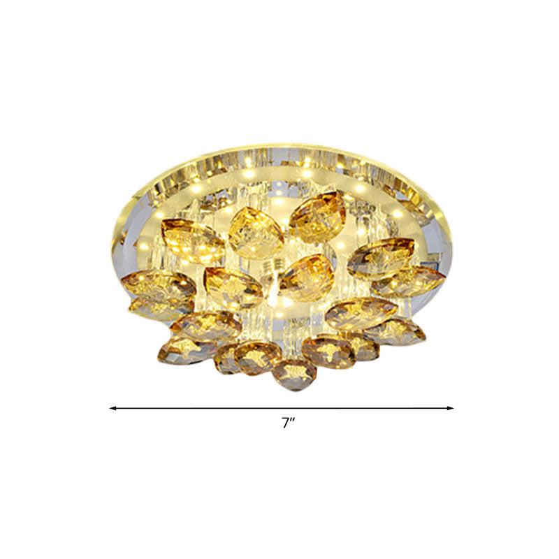 Amber Crystal Flush Mount Lamp - Teardrop LED Ceiling Fixture in Warm/White Light with Prism Column