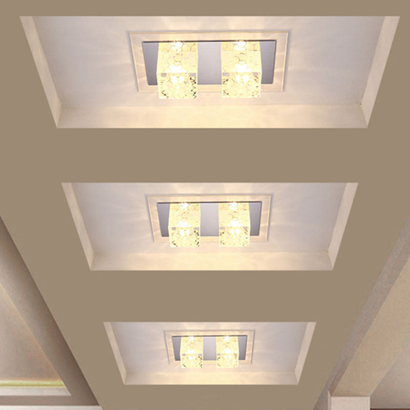 Minimalist LED Double Square Flushmount in Chrome with Crystal Dot Pattern - Warm/White Light for Corridor Ceiling