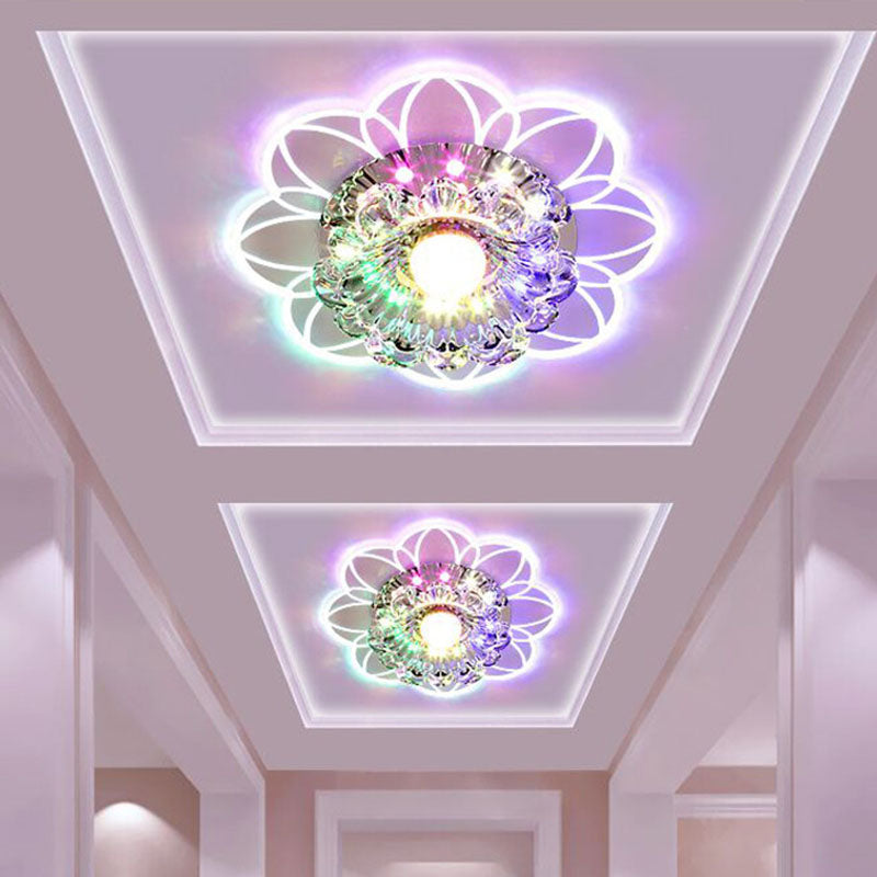 Contemporary LED Flower Flushmount Ceiling Light w/ Clear Crystals - Warm, White, & Multi Color