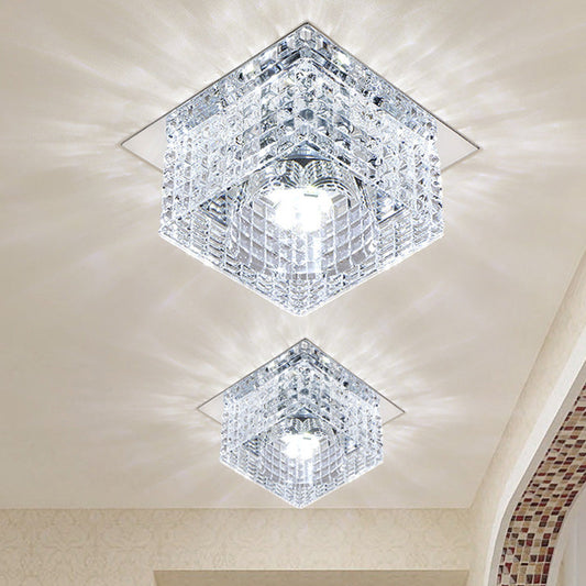 Modern Chrome Square Flush Mount LED Crystal Ceiling Light with Dome Shade in Warm/White/Multi-color Lighting, Ideal for Corridors