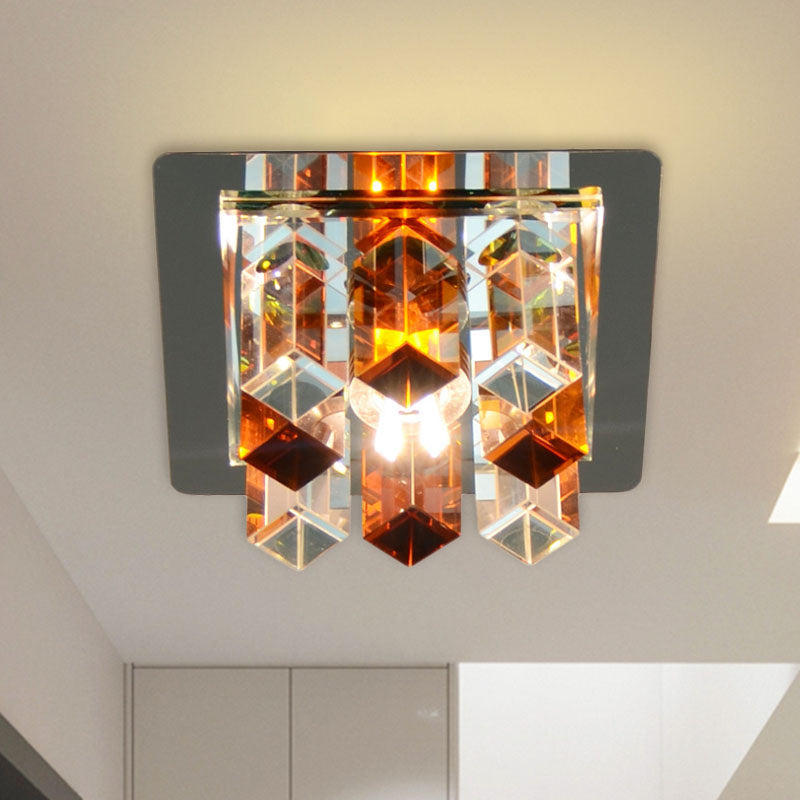 Minimal Square LED Flush Mount Light with Crystal Block - Blue/Clear/Tan - Ideal for Hallway Ceiling Lamp