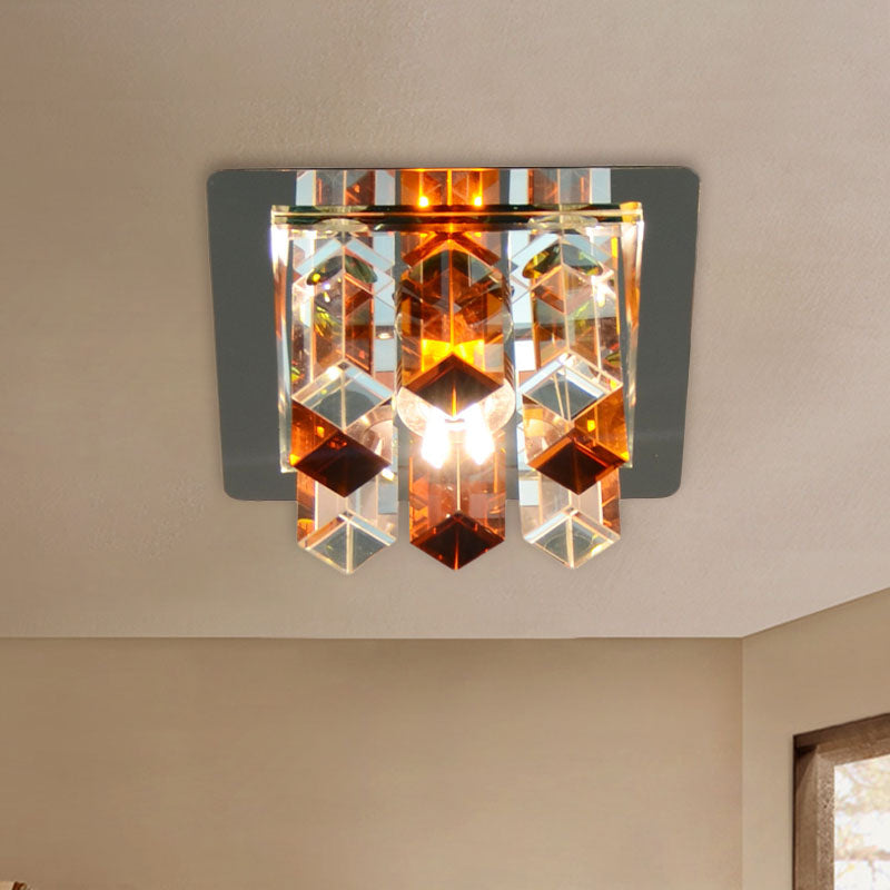 Minimal Square LED Flush Mount Light with Crystal Block - Blue/Clear/Tan - Ideal for Hallway Ceiling Lamp