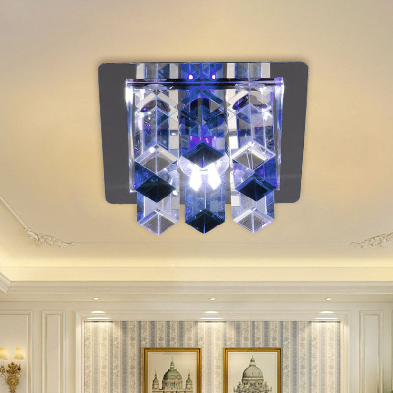 Minimal Square LED Flush Mount Light with Crystal Block - Blue/Clear/Tan - Ideal for Hallway Ceiling Lamp