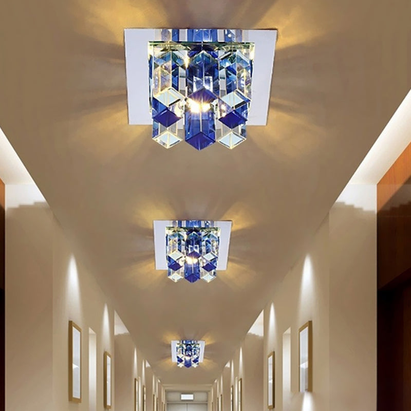 Minimal Square LED Flush Mount Light with Crystal Block - Blue/Clear/Tan - Ideal for Hallway Ceiling Lamp