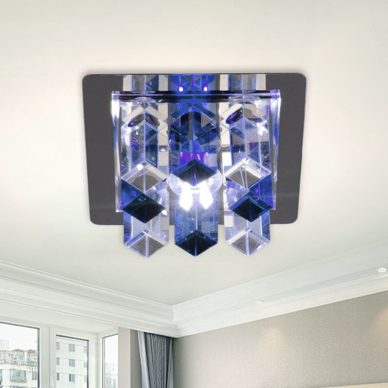 Minimal Square LED Flush Mount Light with Crystal Block - Blue/Clear/Tan - Ideal for Hallway Ceiling Lamp