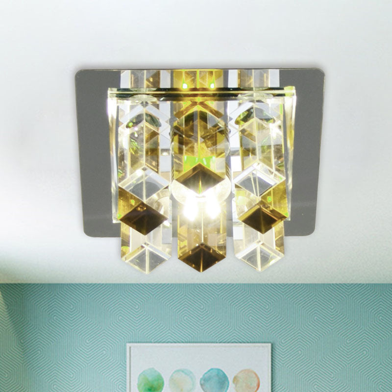 Minimal Square LED Flush Mount Light with Crystal Block - Blue/Clear/Tan - Ideal for Hallway Ceiling Lamp