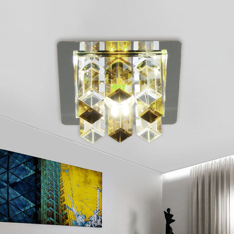 Minimal Square LED Flush Mount Light with Crystal Block - Blue/Clear/Tan - Ideal for Hallway Ceiling Lamp