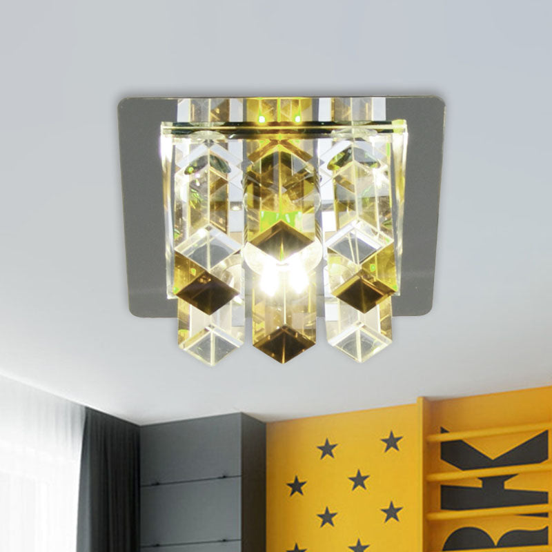 Minimal Square LED Flush Mount Light with Crystal Block - Blue/Clear/Tan - Ideal for Hallway Ceiling Lamp