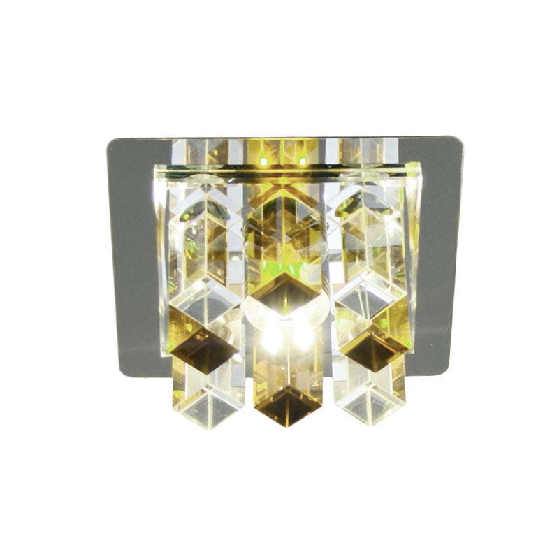 Minimal Square LED Flush Mount Light with Crystal Block - Blue/Clear/Tan - Ideal for Hallway Ceiling Lamp