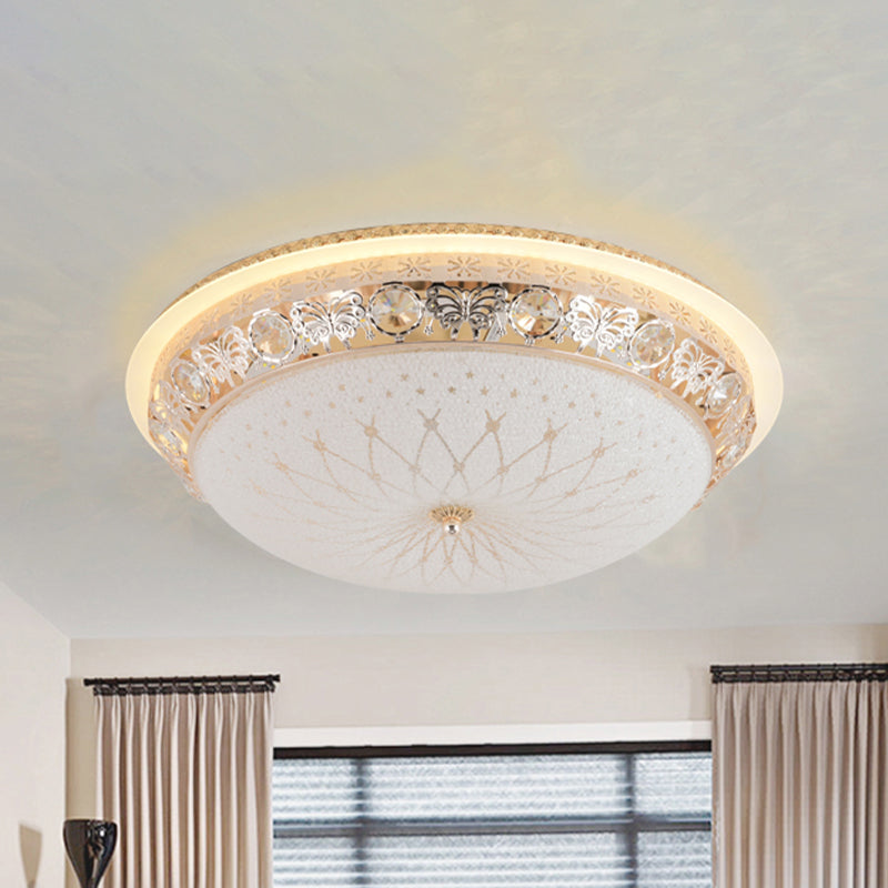 Modern Crystal Flush Mount LED Ceiling Light Fixture with Gold Finish and White Texture Glass Shade - 16"/20" Wide