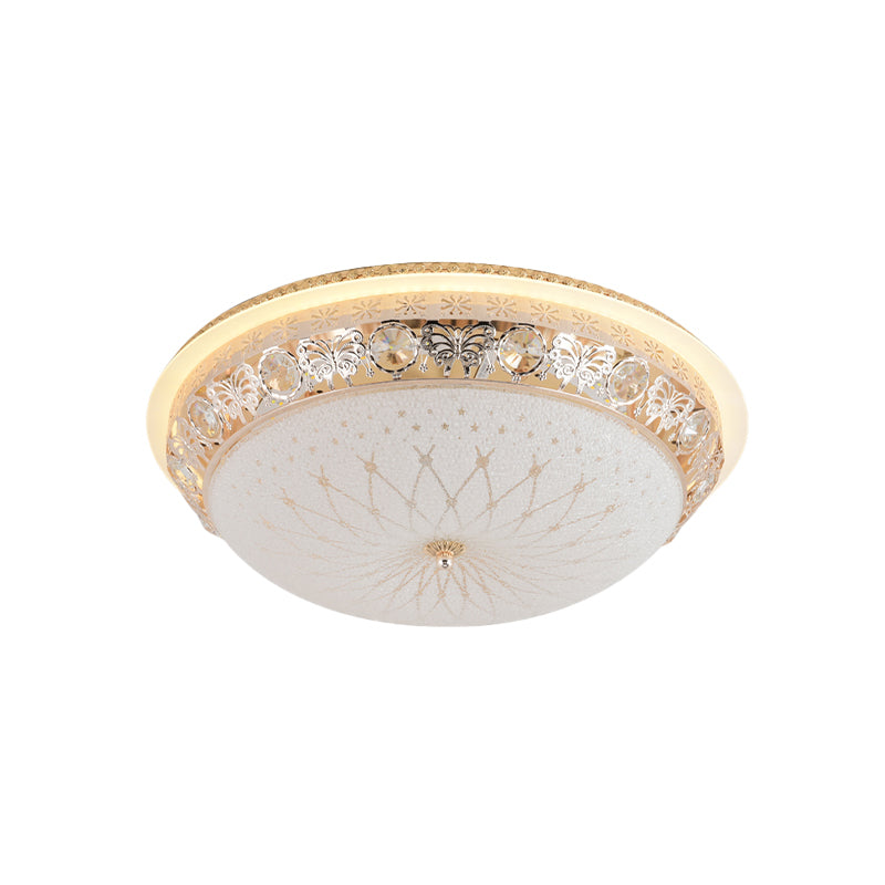 Modern Crystal Flush Mount LED Ceiling Light Fixture with Gold Finish and White Texture Glass Shade - 16"/20" Wide
