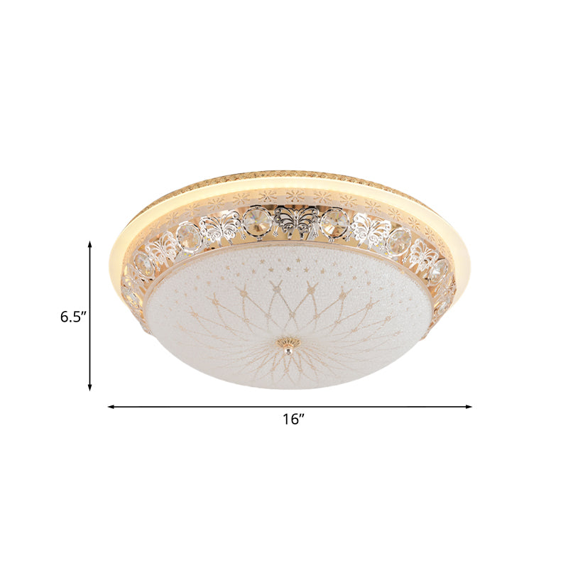 Modern Crystal Flush Mount LED Ceiling Light Fixture with Gold Finish and White Texture Glass Shade - 16"/20" Wide