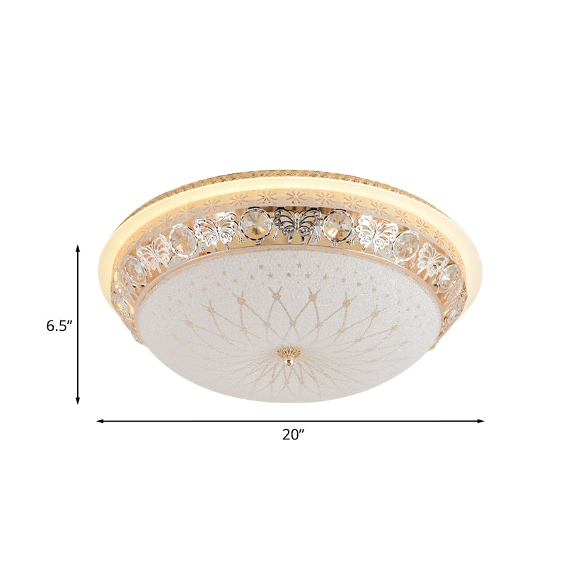 Modern Crystal Flush Mount LED Ceiling Light Fixture with Gold Finish and White Texture Glass Shade - 16"/20" Wide
