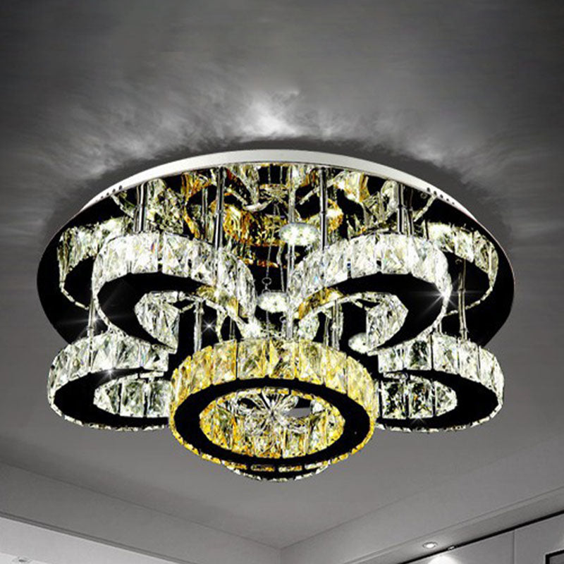Modern Crystal Nickel Flush Mount Lamp - Flower LED Ceiling Light with Ring Design, 24"/32" Width