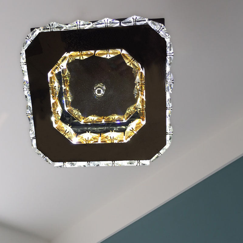 Stainless-Steel LED Crystal Ceiling Light: Modern Square Flush Mount for Bedroom - Warm/White