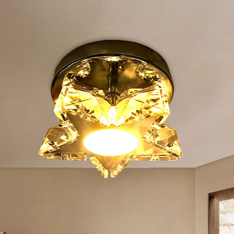 Contemporary LED Star Shaped Ceiling Mounted Fixture - Clear Crystal, Nickel, Warm/White Light - Bedroom Flush Light