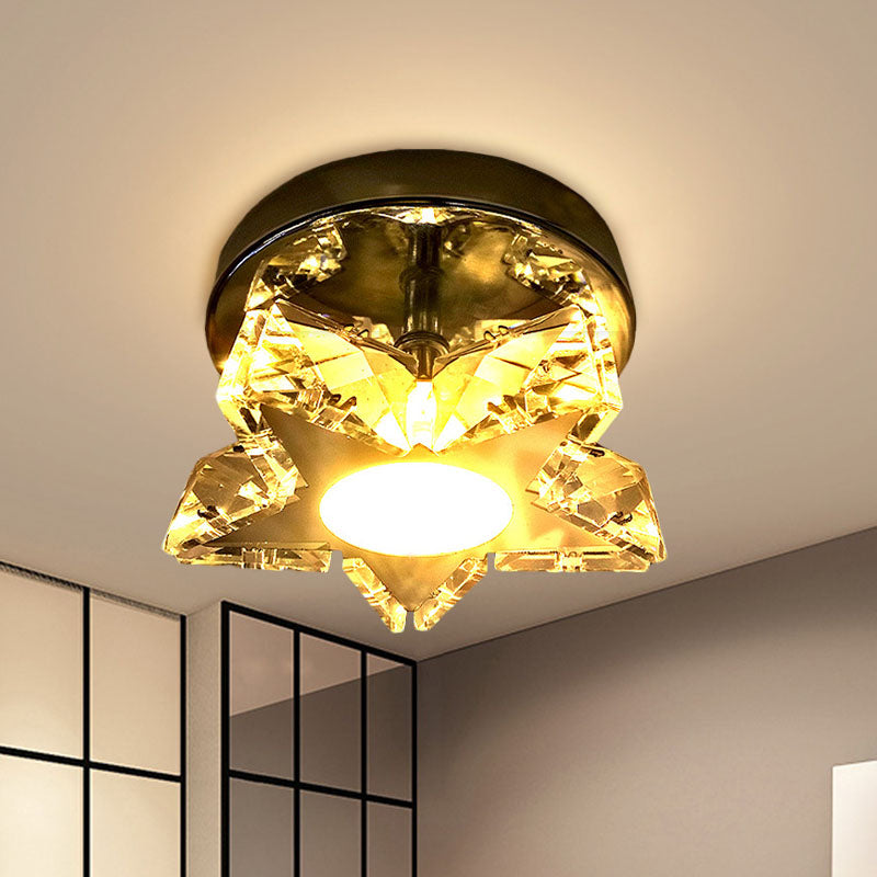 Contemporary LED Star Shaped Ceiling Mounted Fixture - Clear Crystal, Nickel, Warm/White Light - Bedroom Flush Light