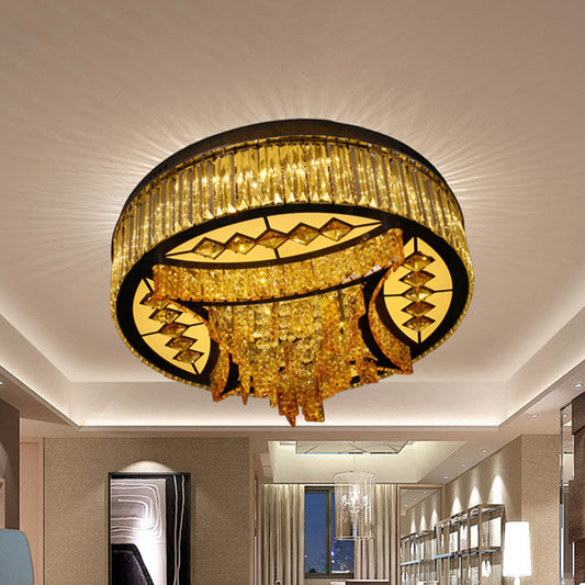 Modern Tan Crystal Drum Flush Mount Light with LED, Waveform Frame - Perfect for Living Room Ceiling