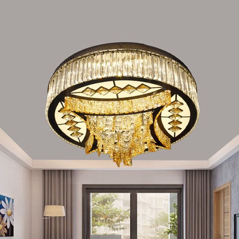 Modern Tan Crystal Drum Flush Mount Light with LED, Waveform Frame - Perfect for Living Room Ceiling