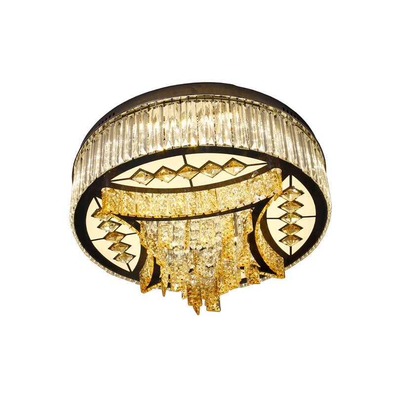 Modern Tan Crystal Drum Flush Mount Light with LED, Waveform Frame - Perfect for Living Room Ceiling