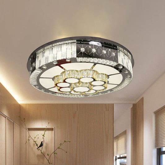 LED Drum Shade Flush Mount Lamp with Chrome Crystal Blocks - Modern Style Ceiling Fixture for Living Room
