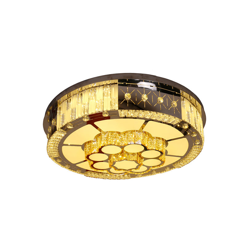 LED Drum Shade Flush Mount Lamp with Chrome Crystal Blocks - Modern Style Ceiling Fixture for Living Room