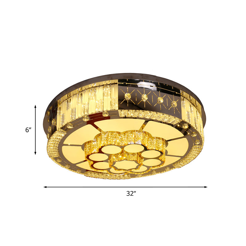 LED Drum Shade Flush Mount Lamp with Chrome Crystal Blocks - Modern Style Ceiling Fixture for Living Room