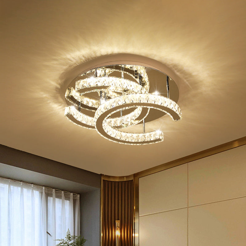 LED Chrome Ceiling Light with Double-C Shaped Beveled K9 Crystal and Flush Mount Design