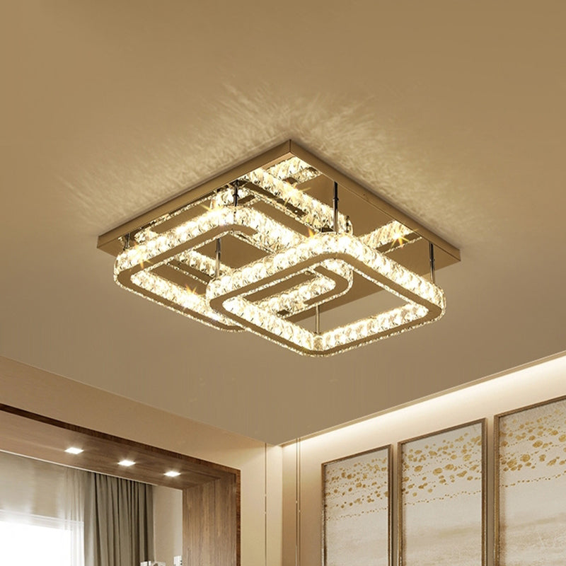 Modern Square Crystal LED Flush Mount Ceiling Light - Chrome Finish | Bedroom Lighting