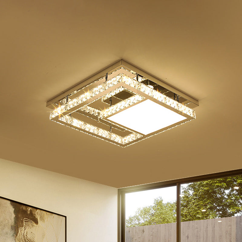 Modern Square Crystal LED Flush Mount Ceiling Light - Chrome Finish | Bedroom Lighting