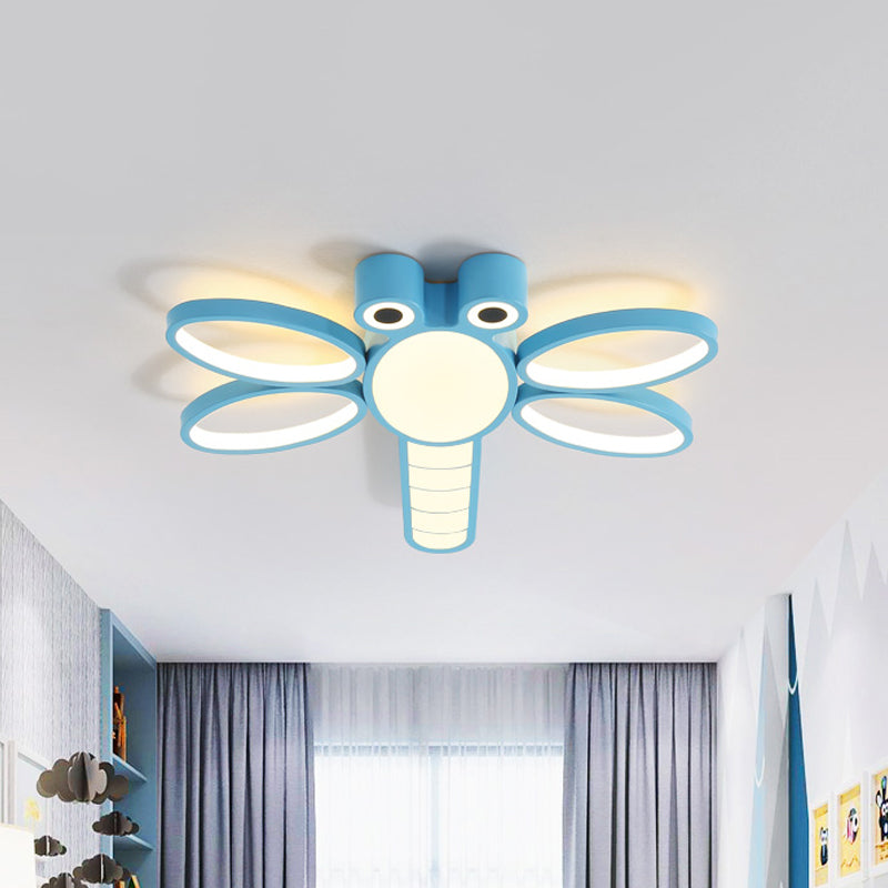 Iron Dragonfly Flush-Mount Cartoon LED Ceiling Light - Pink/Blue with Warm/White Lighting