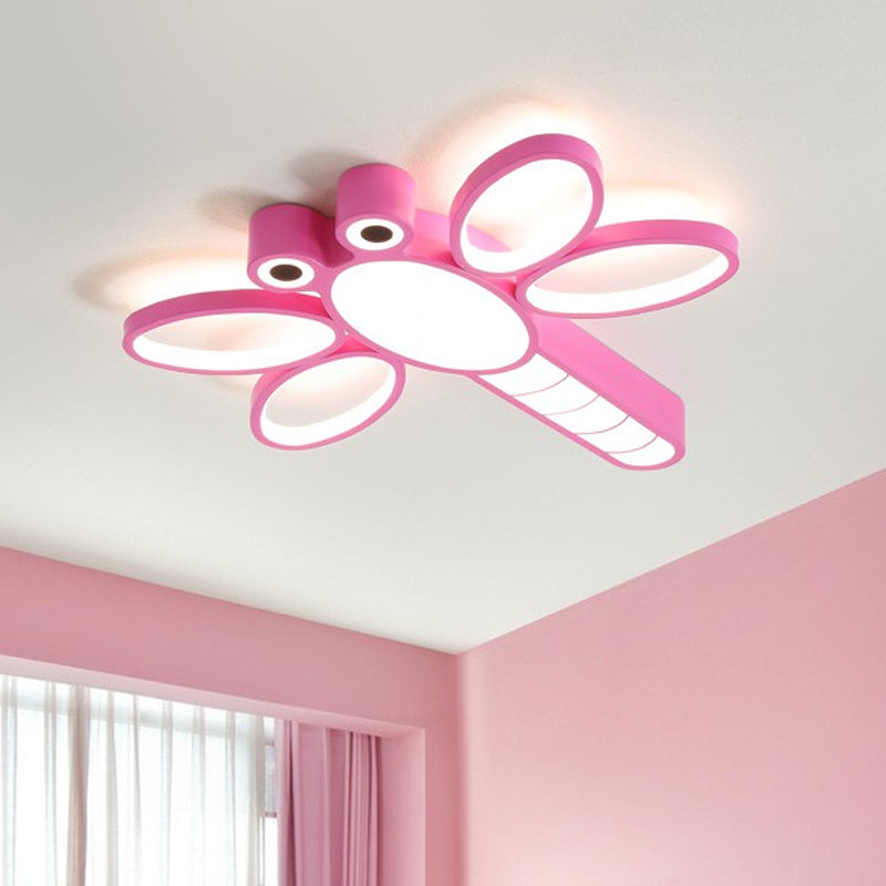 Iron Dragonfly Flush-Mount Cartoon LED Ceiling Light - Pink/Blue with Warm/White Lighting
