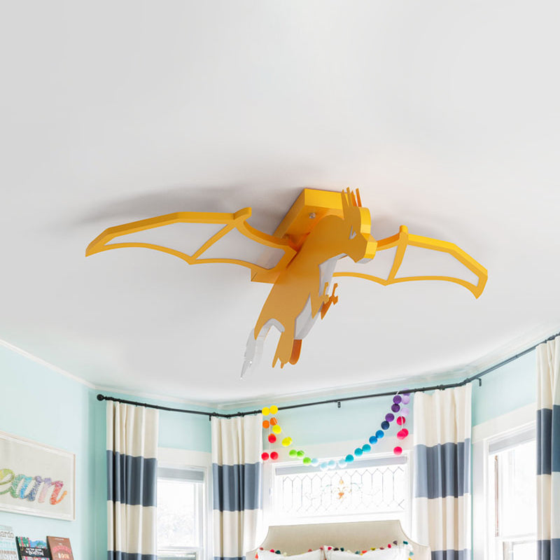 Yellow LED Flush Mount Lamp: Flying Dinosaur Acrylic Ceiling Light with Cartoon Design, in Warm/White Light