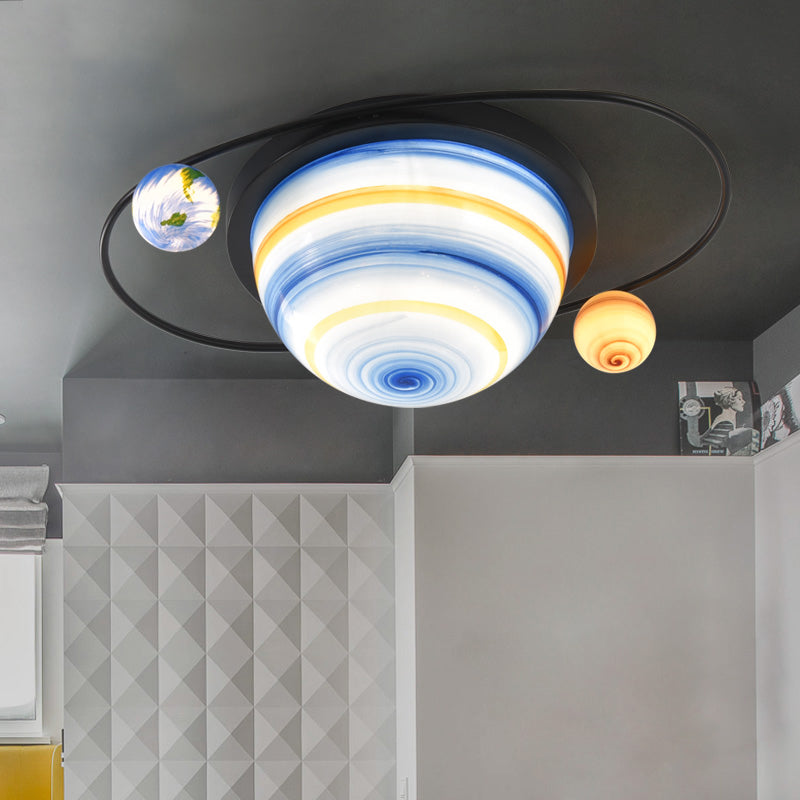 Stained Glass 2-Bulb Kids Flush Mount Light Fixture in Blue, Warm/White Light for Sphere and Astral Themed Child Room