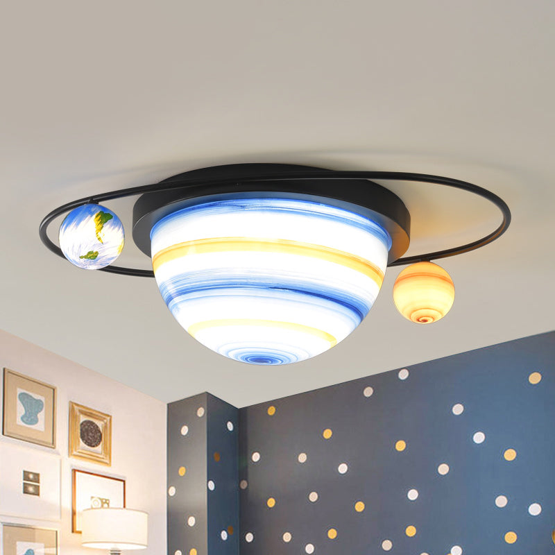 Stained Glass 2-Bulb Kids Flush Mount Light Fixture in Blue, Warm/White Light for Sphere and Astral Themed Child Room