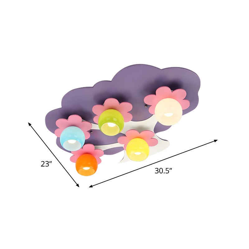 Plafonnier semi-encastré à 5 lampes pour enfants avec abat-jour en verre coloré et motif arbre à fleurs violettes