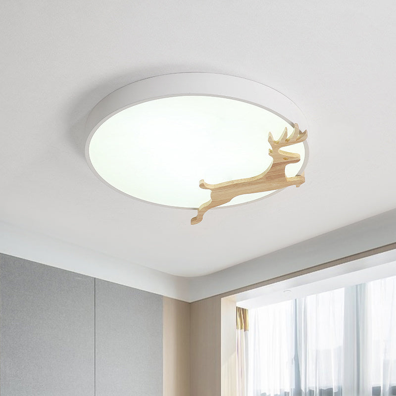 Nordic Style Round Flush Light with Running Deer Pattern - Acrylic, Grey/White/Green & Wood LED Ceiling Lamp