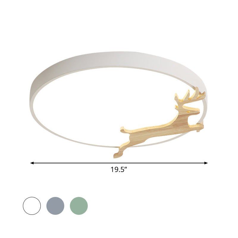 Nordic Style Round Flush Light with Running Deer Pattern - Acrylic, Grey/White/Green & Wood LED Ceiling Lamp