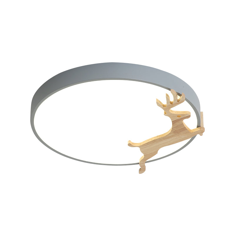 Nordic Style Round Flush Light with Running Deer Pattern - Acrylic, Grey/White/Green & Wood LED Ceiling Lamp